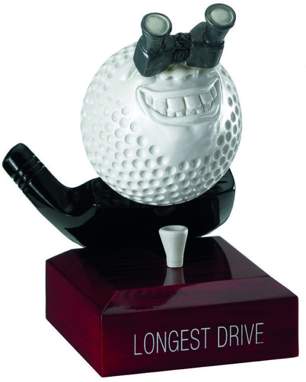 Comedy golf trophy showing white golf ball character with facial features wearing black binoculars, mounted on dark mahogany base with 'LONGEST DRIVE' text