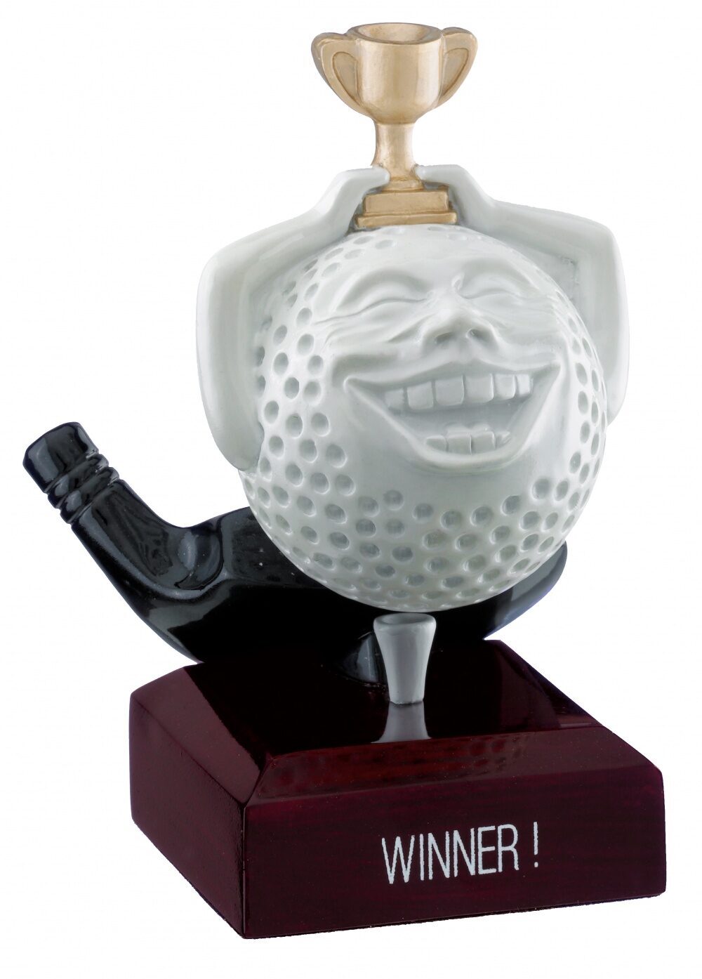 Comedy golf trophy featuring white golf ball character with raised black arms holding small golden trophy, celebrating on dark mahogany base with 'WINNER!' text