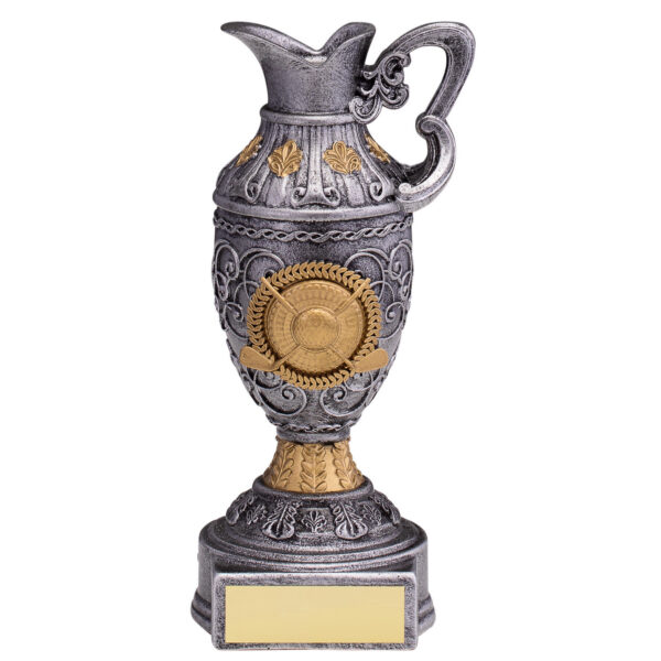 Traditional claret jug golf trophy in pewter finish with gold decorative accents, ornate handle, and engraving plaque on hexagonal base