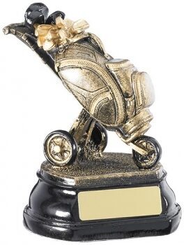 Pewter-finished golf trolley award trophy featuring detailed golf bag with clubs on trolley, mounted on black base with gold engraving plate