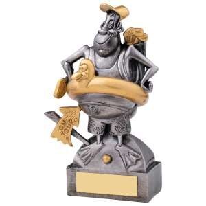 Comic golf trophy featuring cartoon golfer character with cap and 'On Tour' ribbon, pewter finish with gold highlights and engraving plate