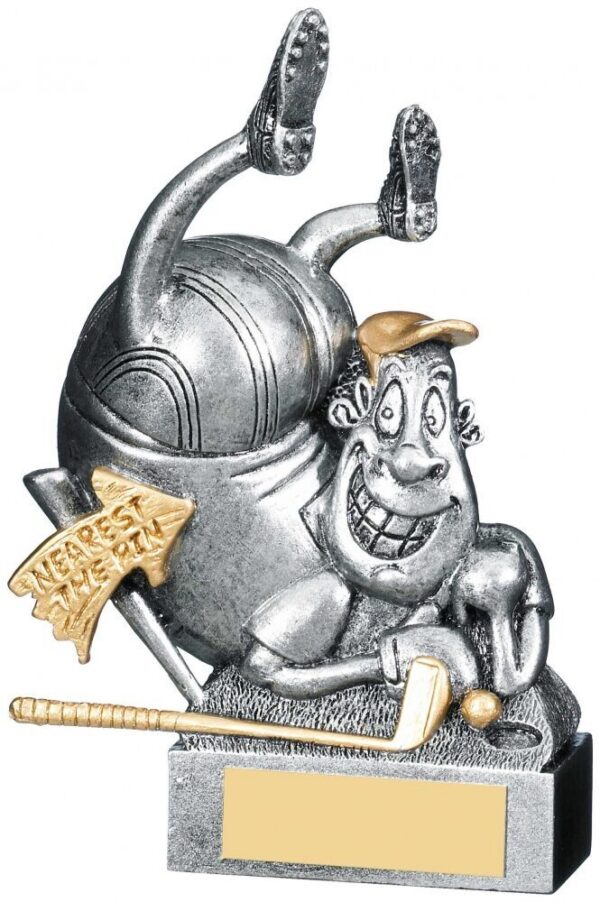 Comic golf trophy showing upside-down cartoon golfer character with golf club and 'Nearest The Pin' banner, pewter finish with gold accents
