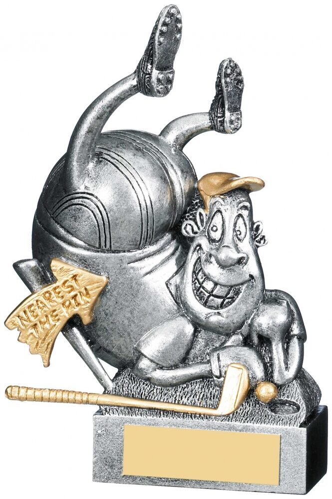 Comic golf trophy showing upside-down cartoon golfer character with golf club and 'Nearest The Pin' banner, pewter finish with gold accents