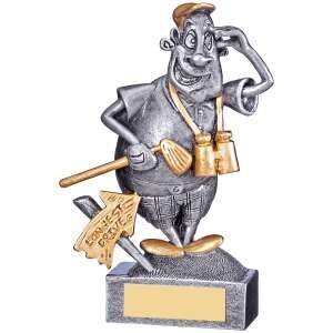 Comic golf trophy featuring cartoon golfer character with driver club in swing pose and 'Longest Drive' banner, pewter finish with gold accents