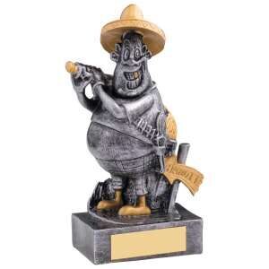 Comic golf trophy depicting cartoon bandit character with black eye mask and hat holding golf clubs, featuring antique silver and gold finish on marble base