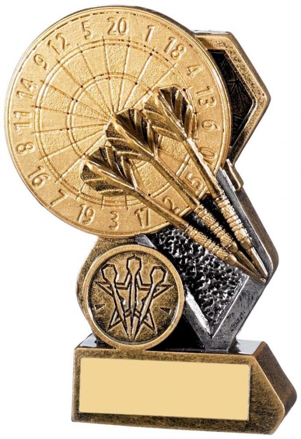 Detailed darts trophy showing dartboard with numbered segments 1-20 and three dart flights, finished in gold and bronze with engraving plate on solid base