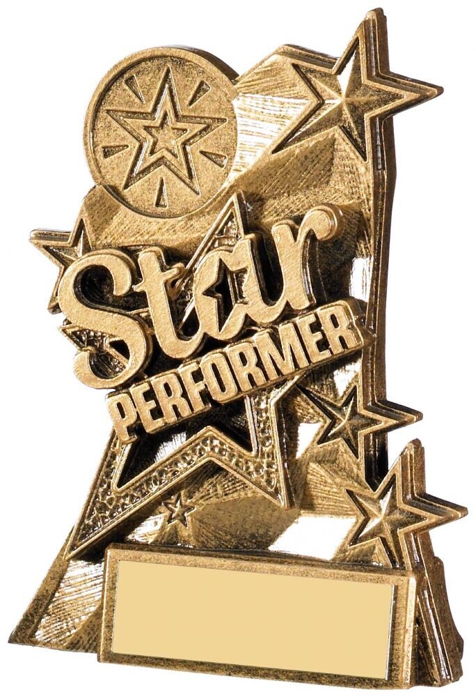 Bronze coloured Star Performer achievement trophy with multiple dimensional stars, raised text and brass engraving plate on stable base