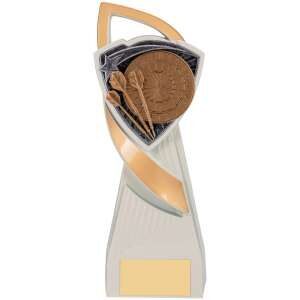Darts trophy featuring dartboard design with gold ribbon detail mounted on contemporary silver base with brass engraving plate