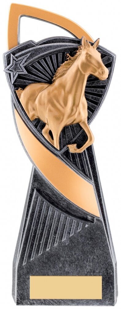 Equestrian resin trophy featuring a detailed golden horse figure in galloping pose on a black textured shield base with gold curved accents and engraving plate
