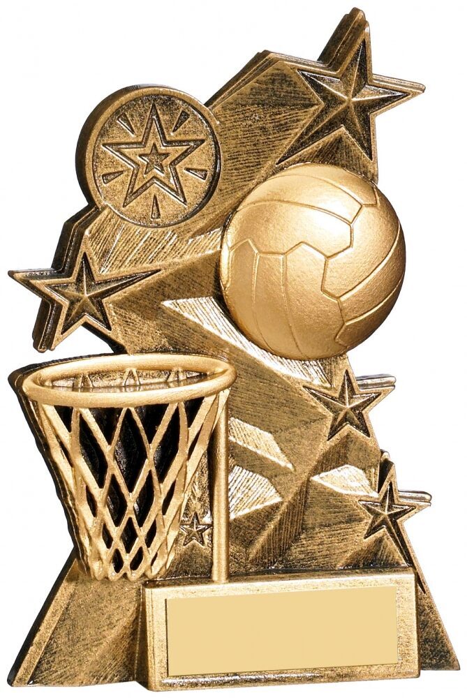 Netball trophy featuring golden netball, hoop with net, and decorative stars on a bronze textured base with engraving plate