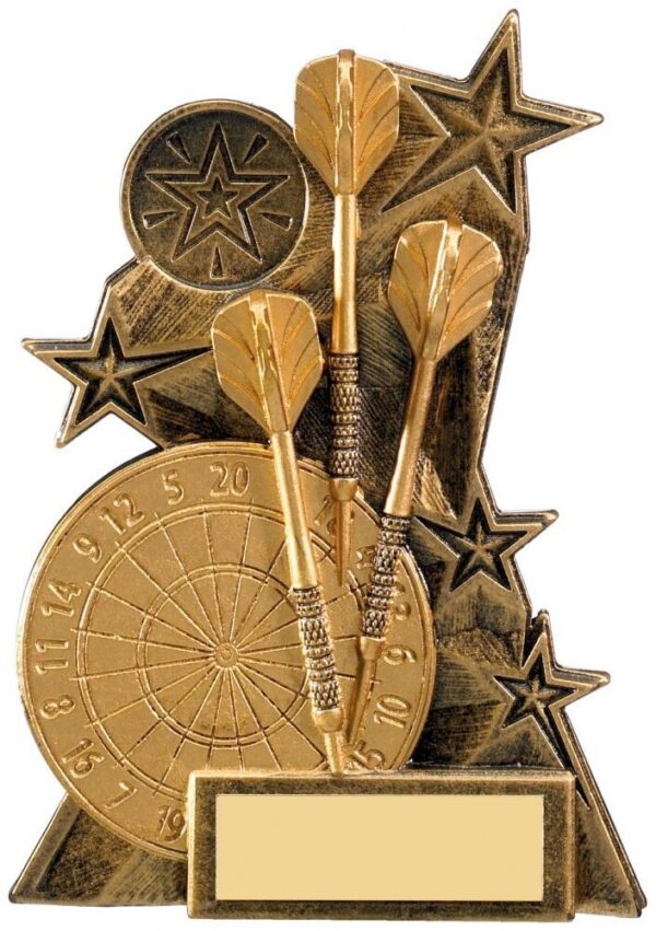 Darts trophy featuring detailed dartboard with numbers, crossed darts with textured grips, and decorative stars in golden finish on textured base with engraving plate