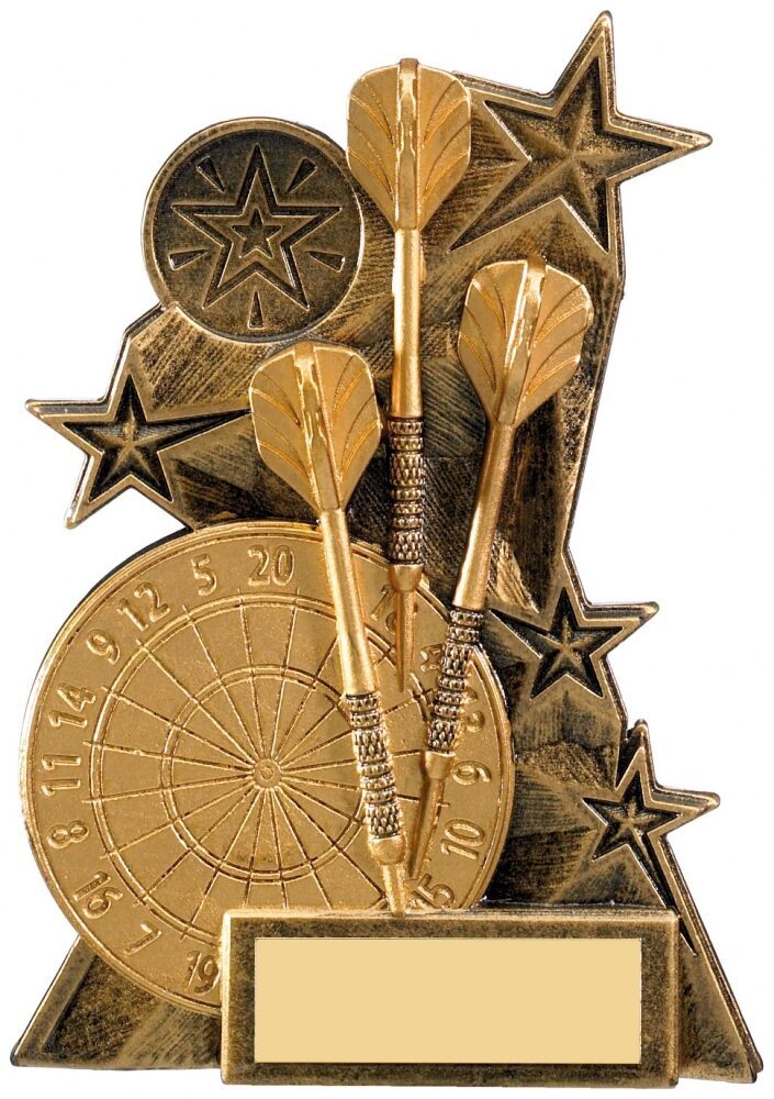 Darts trophy featuring detailed dartboard with numbers, crossed darts with textured grips, and decorative stars in golden finish on textured base with engraving plate
