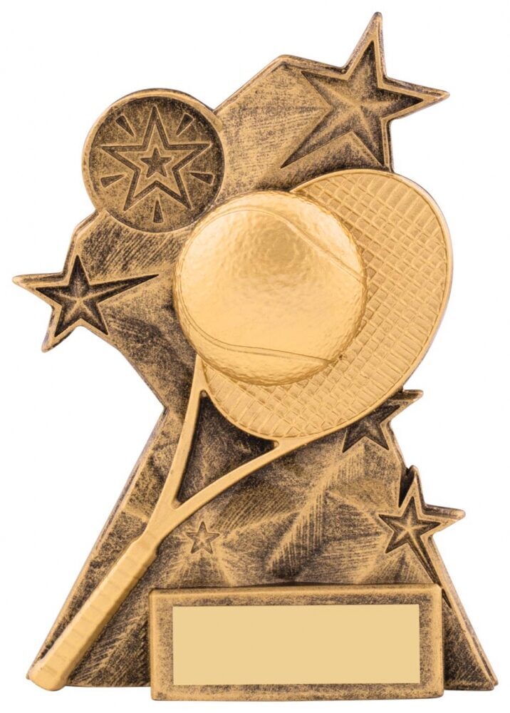 Bronze finish tennis trophy with crossed tennis racquets, tennis ball, decorative stars and blank engraving plate on star-shaped base