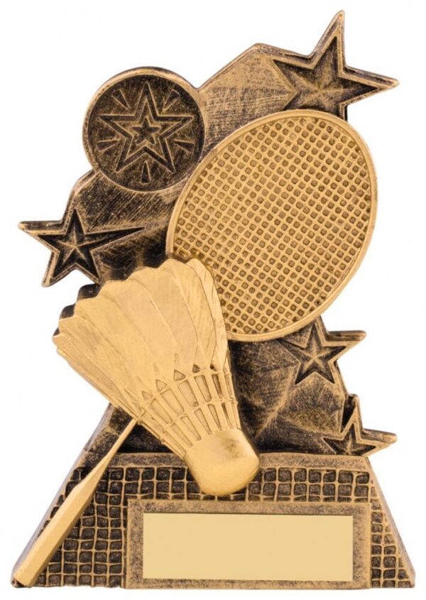 Bronze badminton trophy displaying crossed badminton racquets, shuttlecock, decorative stars and blank engraving plate on angular base