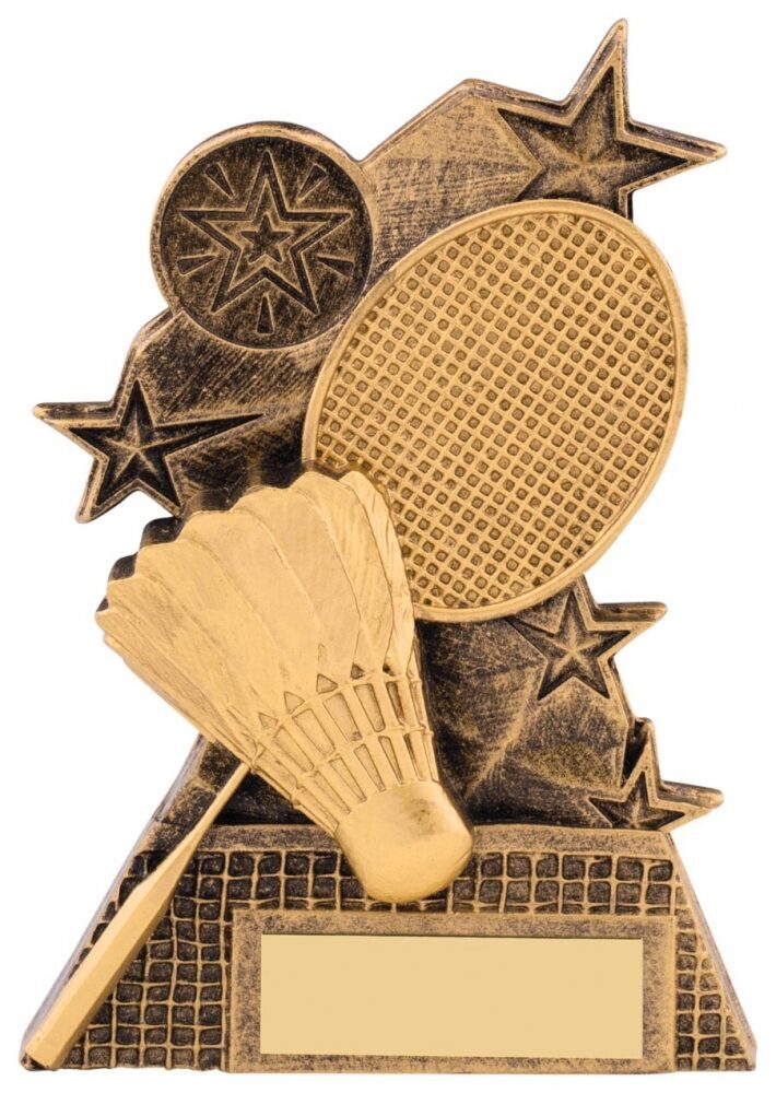 Bronze badminton trophy displaying crossed badminton racquets, shuttlecock, decorative stars and blank engraving plate on angular base