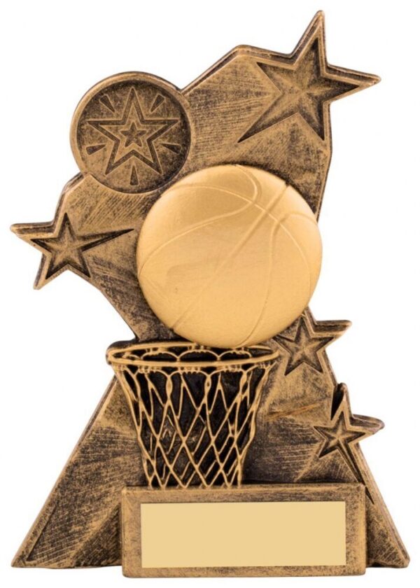 Bronze basketball trophy showing 3D basketball above detailed hoop with net, surrounded by decorative stars and blank engraving plate