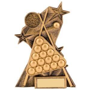 Bronze snooker and pool trophy featuring triangular ball rack with circular spaces, decorative stars and blank engraving plate on angular base