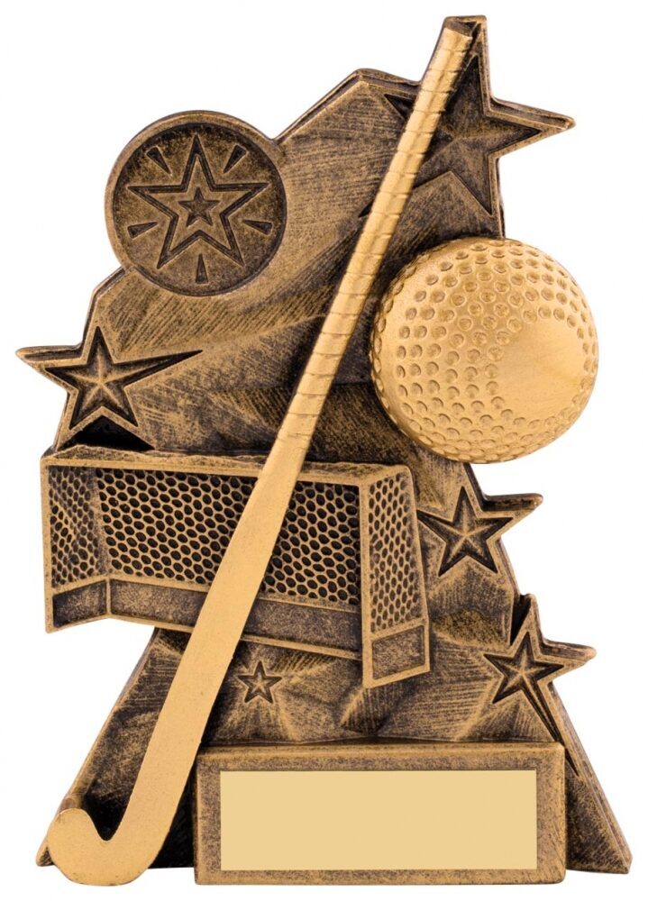 Hockey Astra Trophy in antique bronze finish showing hockey stick, ball, goal net and decorative stars with gold engraving plate at base