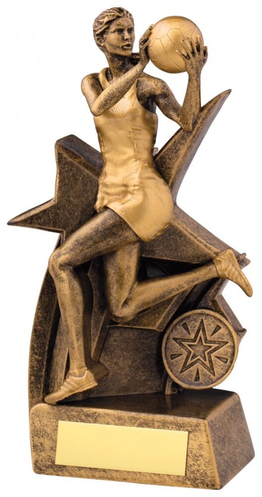 Netball Starmaker Trophy featuring detailed female player figure holding netball on decorative star-themed base with antique bronze and gold finish