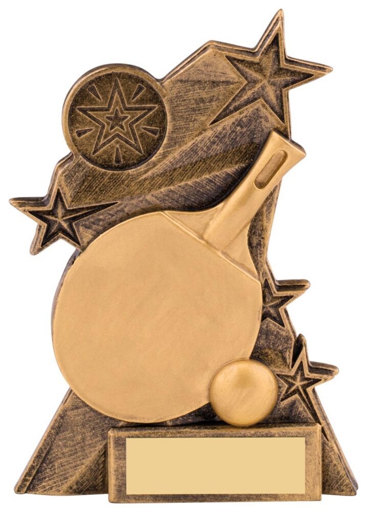 Table Tennis Astra Trophy showing table tennis bat and ball with decorative stars and flowing ribbons in antique bronze and gold finish