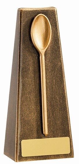 Bronze-finished resin wooden spoon trophy with detailed spoon design mounted on angular geometric base with gold engraving plate