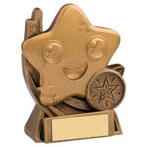 Bronze-finished resin trophy featuring a smiling star character with motion lines, star medallion, and engraving plate on angular base