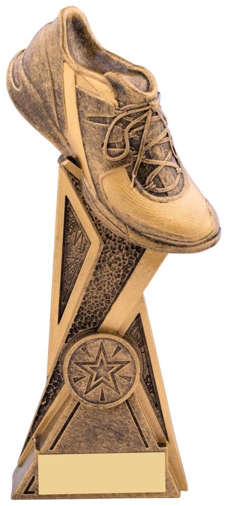 Bronze-finished resin running shoe trophy with detailed trainer and storm effect design elements on angular base with star medallion and engraving plate