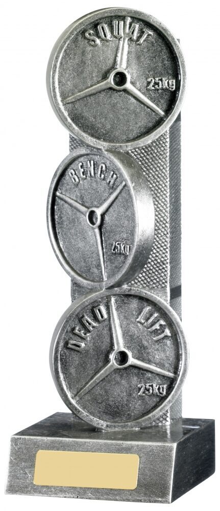 Premium silver resin powerlifting championship trophy displaying three weight plates with squat, bench and deadlift text and 25kg markings on black marble base