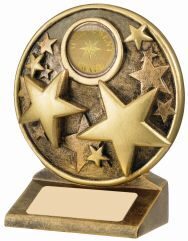 Gold finish circular achievement trophy featuring multiple decorative stars around central medallion with engraving plate on sturdy base