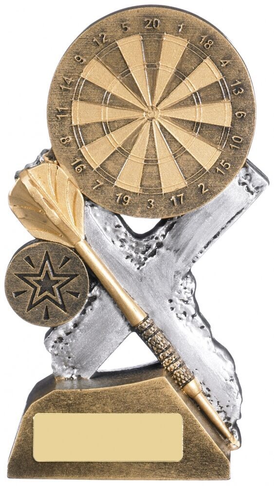 Bronze dartboard darts trophy with numbered dartboard, crossed darts with textured grips, star medallion, and gold engraving plate on weighted base