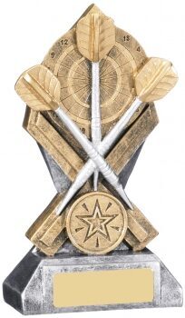 Gold crossed darts trophy with diamond pattern backdrop, decorative leaf motifs, silver dart flights, and gold engraving plate