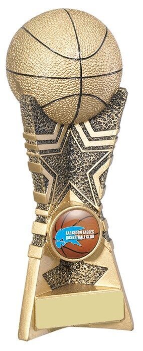 Gold basketball trophy with textured basketball on decorative star pattern column base, featuring silver highlights, emblem space, and engraving plate