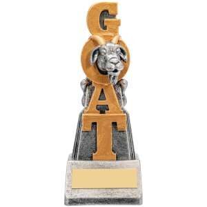 Premium silver and gold GOAT trophy with large letter spelling, featuring central football motif and blank engraving plate on solid base for Greatest of All Time recognition