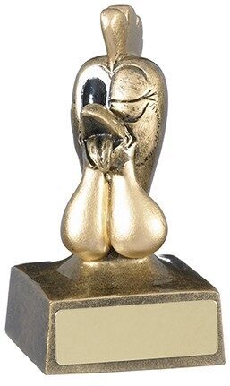 Golden cockerel comedy trophy with exaggerated design featuring prominent anatomical details, mounted on dark base with blank engraving plate