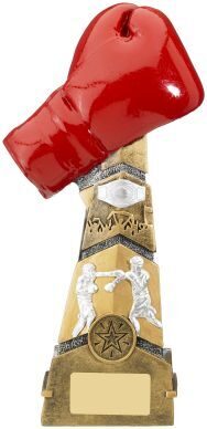 Red boxing glove trophy with glossy red glove mounted on gold and silver tiered base with engraving plate