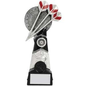 Modern silver darts trophy featuring detailed dartboard with three red-fletched darts and black accent band with engraving plate