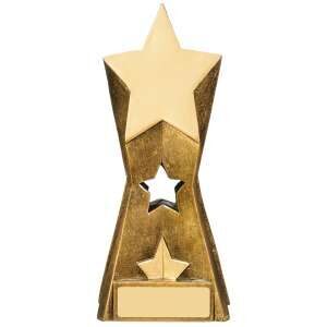 Golden star trophy with large star at top and sculpted base featuring decorative cut-out star detail and engraving plate