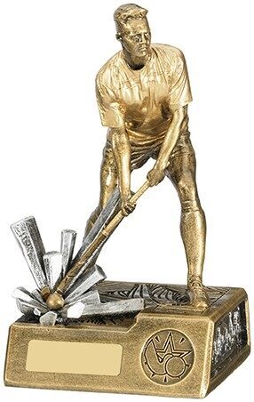 Bronze-finished male hockey player trophy showing player in action stance holding hockey stick, mounted on textured rectangular base with engraving plate