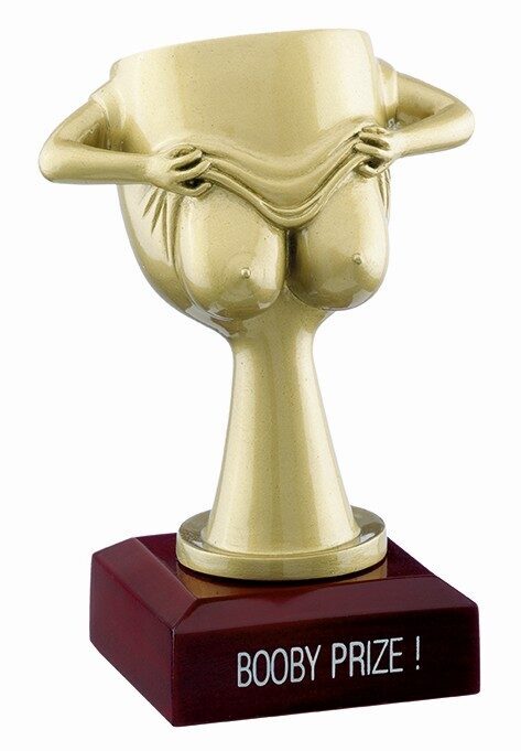Golden Booby Prize Trophy featuring female torso design on mahogany wooden base with engraved text, humorous novelty award
