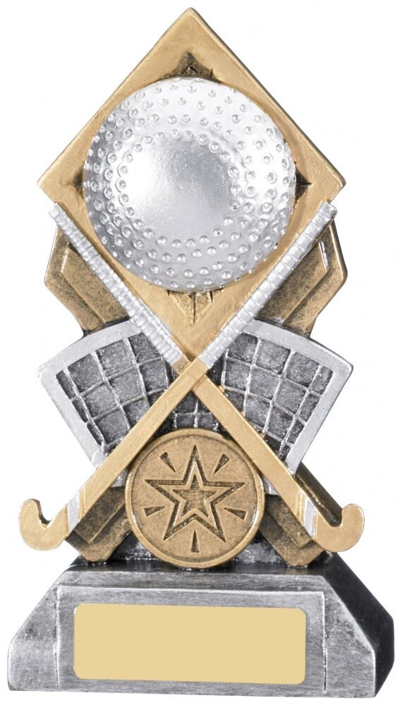 Diamond Extreme Hockey Trophy with textured hockey ball centerpiece, crossed hockey sticks, gold diamond-shaped mounting elements, silver accents, star medallion, and brass engraving plate on weighted base