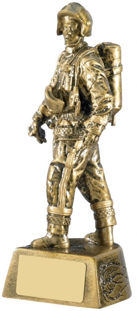 Firefighter Trophy showing detailed uniformed firefighter with helmet, breathing apparatus, protective gear and equipment in antique bronze finish on decorated base with engraving plate