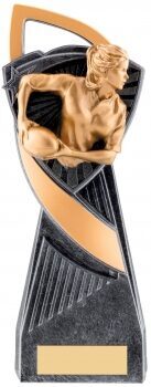 Female rugby player trophy showing detailed woman in action pose with rugby ball, modern black and gold curved design with engraving plate