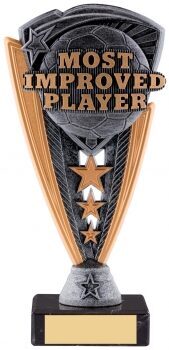 Most Improved Player trophy featuring bold text on shield design with star embellishments, black and gold finish with engraving plate on base