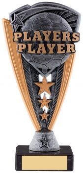 Players' Player football trophy featuring detailed ball design, bronze and pewter triangular shield with star elements on black base with gold engraving plate