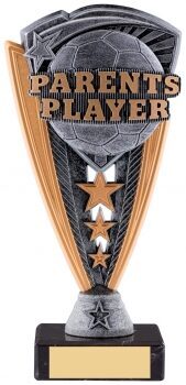 Parents' Player football trophy showing detailed ball design, bronze and pewter triangular shield with star decorations on black base with gold engraving plate