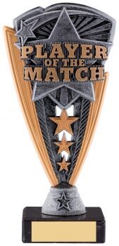 Player of the Match football trophy with triangular pewter and gold design, featuring bold text, decorative stars, and black marble base with gold engraving plate