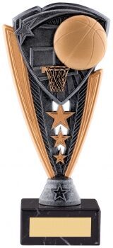 Basketball trophy featuring bronze basketball and hoop design, triangular pewter and gold shield with decorative stars, and black marble base with gold engraving plate