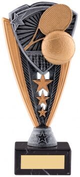 Tennis trophy with bronze tennis racquet and ball design, triangular pewter and gold shield featuring decorative stars, and black marble base with gold engraving plate