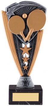 Table tennis trophy with bronze crossed bats and ball design against black radiating backdrop, featuring decorative bronze side panels and black base with gold engraving plate