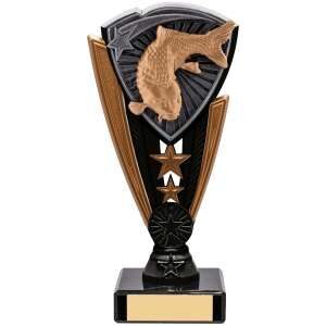 Fishing trophy featuring detailed bronze fish design against black radiating backdrop with decorative bronze side panels and black base with gold engraving plate